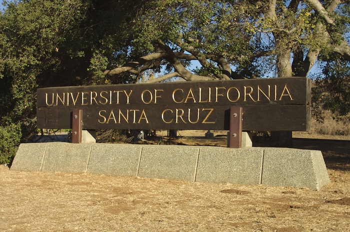 Redwood sign at main entrance to UC Santa Cruz